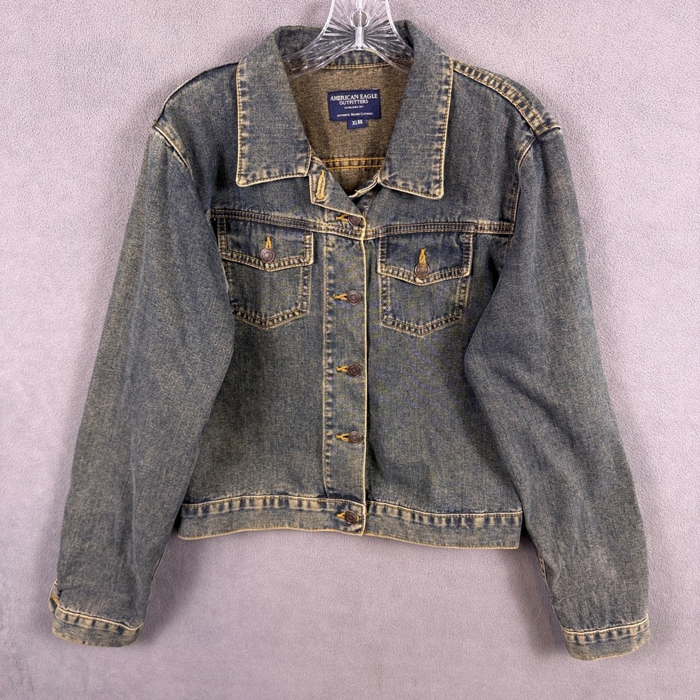 American Eagle Women's‎ Denim Jacket Size 2XL Grunge Dark Dirty Wash Made In USA